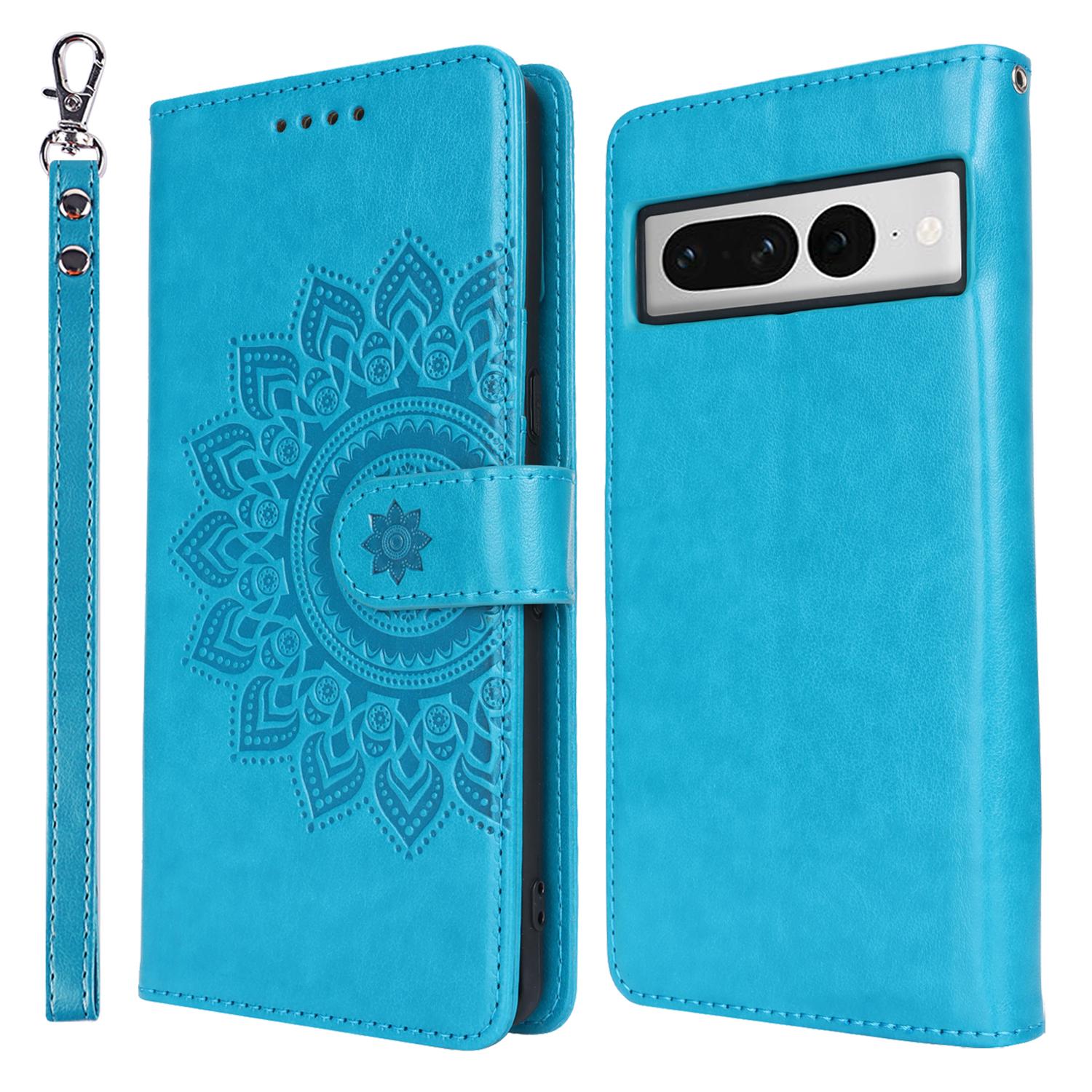 

For Google Pixel 7 Pro 5G Case Textured Leather Wallet Phone Cover with Strap Blue