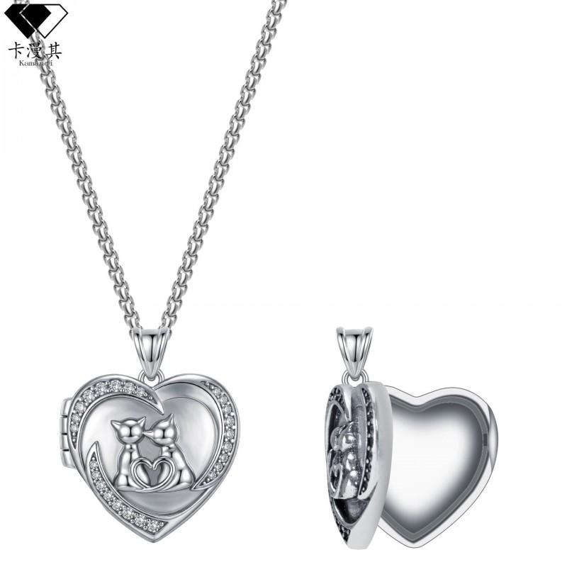 Copper Heart Cat Photo Locket Necklace With Zirconia Crystals Delicate Pendant Women Elegant Lock Chain Jewelry Heart Cat Photo Frame Pendant Necklace