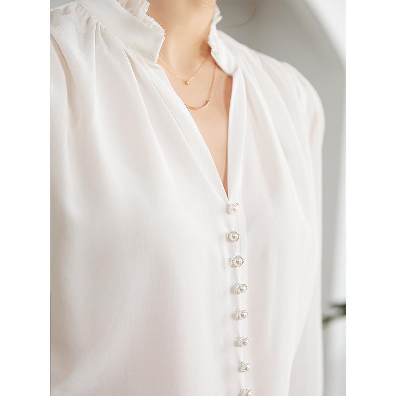 Petite Women's French-Style V-Neck Ruffle Blouse - White Mulberry Silk Long Sleeve