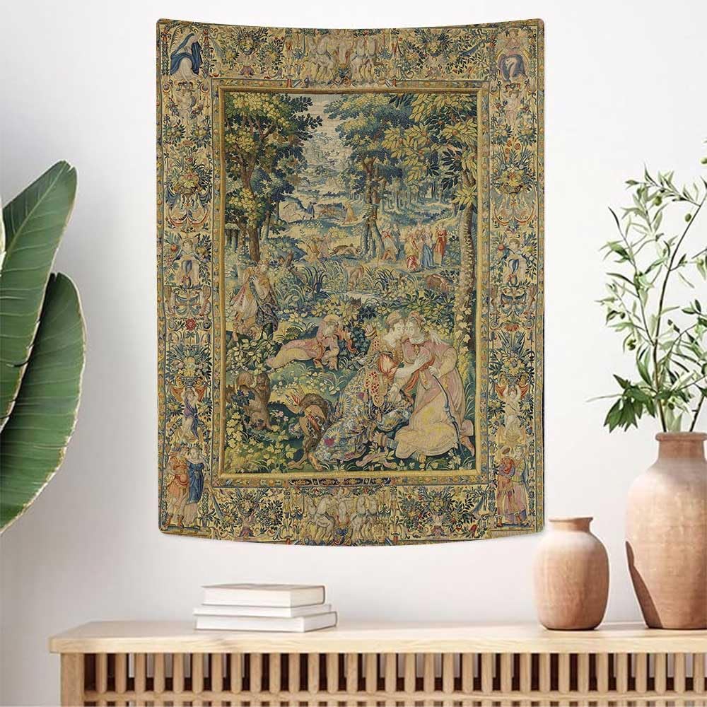 Textilien Unisex Medieval Forest Tapestry, Vintage Wall Hanging With Renaissance Style Court Scene In Lush Greenery, For Bedroom Decor