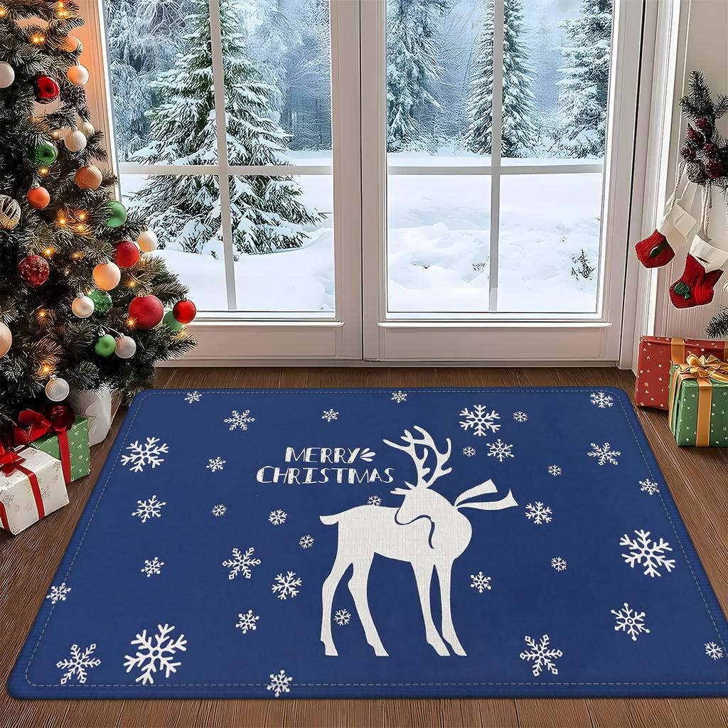 1pc Merry Christmas Welcome Doormat, Blue Mat with Deer and Snowflake Design Non-Slip Gift Mat for Living Room Entrance Bedroom Bathroom Kitchen Floor