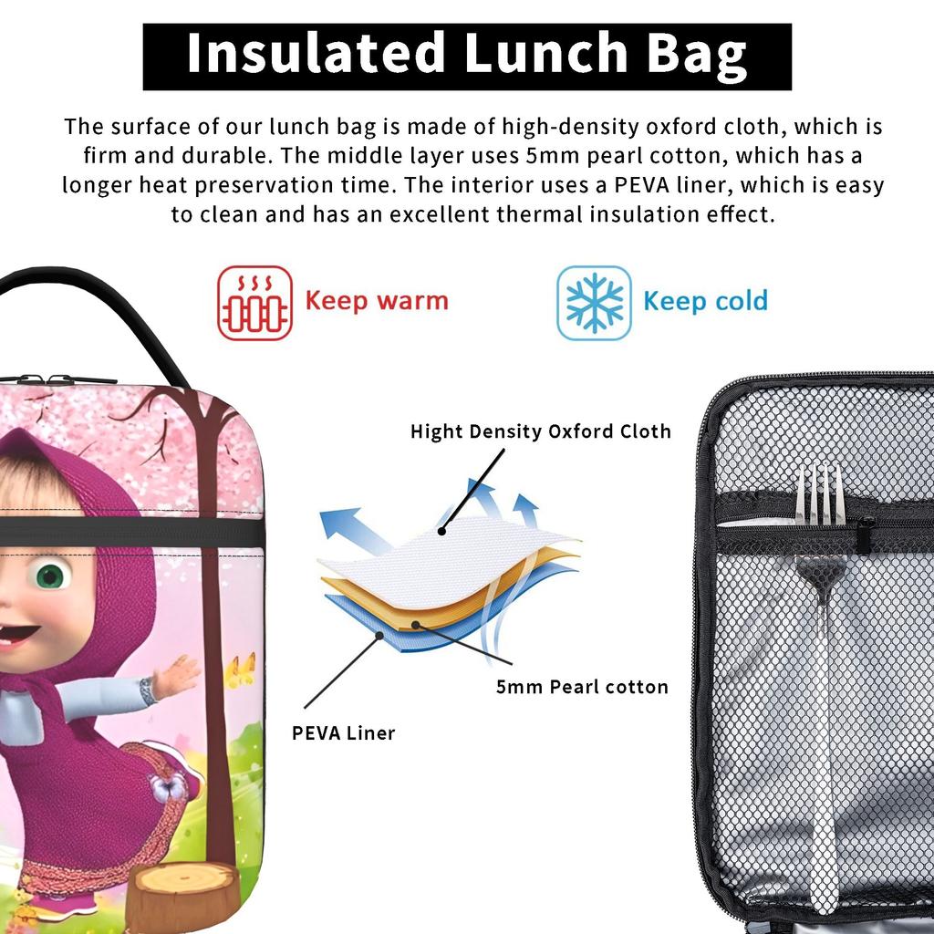 Kawaii M-Masha and Bear Insulated Lunch Bag Portable Lunch Container Thermal Bag Tote Lunch Box Work Travel Men Women