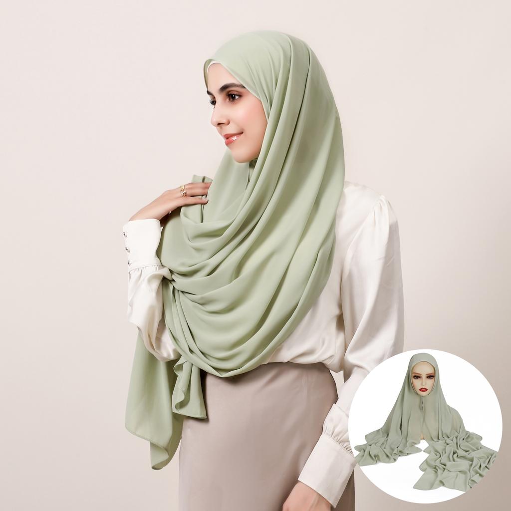 Premium Instant Chiffon Hijab With Built In Magnet Buckle Solid Color Woman Muslim Hijab Scarf Soft Islam Turban Headband Shawl