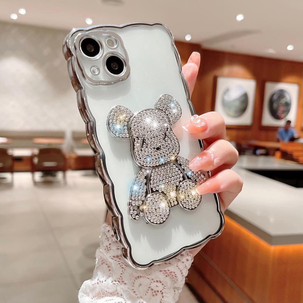 Aplicable a la funda para teléfono móvil IPhone16Pro Borde ondulado Electrochapado Apple 15 Oso violento con diamantes 14 Funda de protección de cobertura total