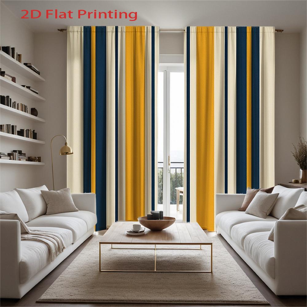 Set Of 2 Flat Printing Curtains Yellow Blue White Vertical Striped Pattern Us Style Polyester Fabric Windo Curtain With Rod Pocket