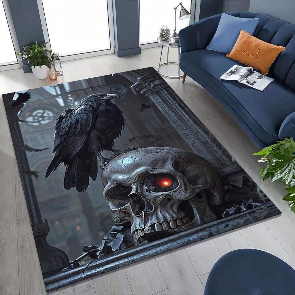 3D Norse Viking Oding Raven Crow Skull Huginn Muninn Rug for Bedroom Living Room Sofa Home Doormat Decor,kids Non-slip Floor Mat