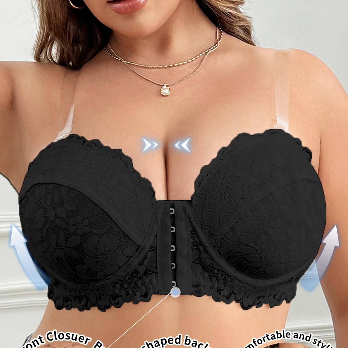 Women Floral Lace Strapless Front Closure Push Up Non-Slip Longline Bandeau Bra 0XL