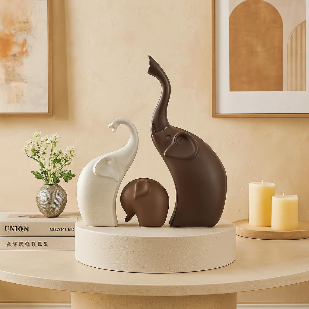 Home Décor Elephant Family Matte Finish Ceramic Figurines - (Set of 3, Matte Brown)