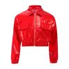 Unisex Kids Metallic Shiny Jacket Turn Down Collar Long Sleeves Flap Pockets Dance Coat