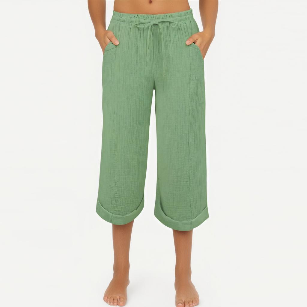 Pantaloni de vară pentru femei 3/4 Pantaloni de vară cu buzunare Pantaloni casual largi Pantaloni din material textil Pantaloni sport de agrement Pantaloni de plajă