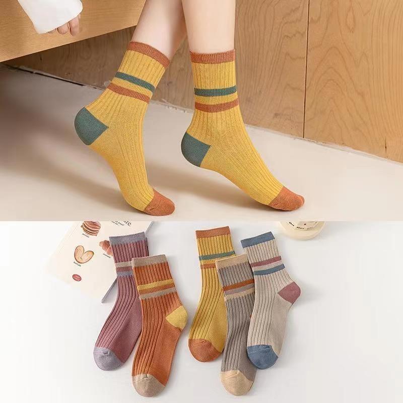 5 Pairs of Women's Spring and Summer Simple Color Stripes In The Tube Cotton Socks