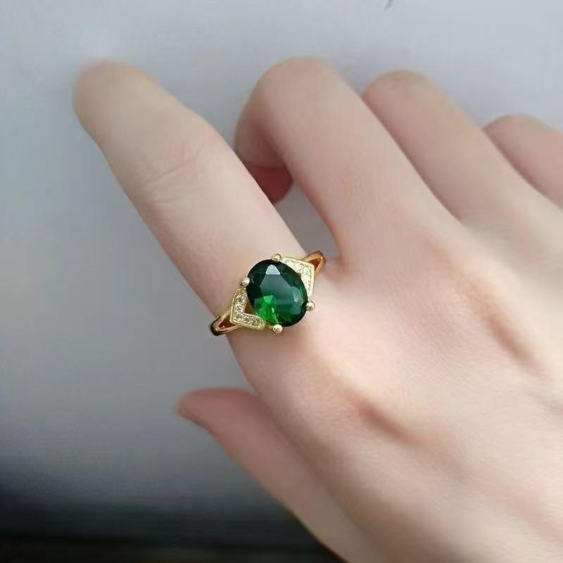 Adjustable Unisex Open Style Oval Gold Moissanite Ring Set with Green Diamond and Garnet Ring