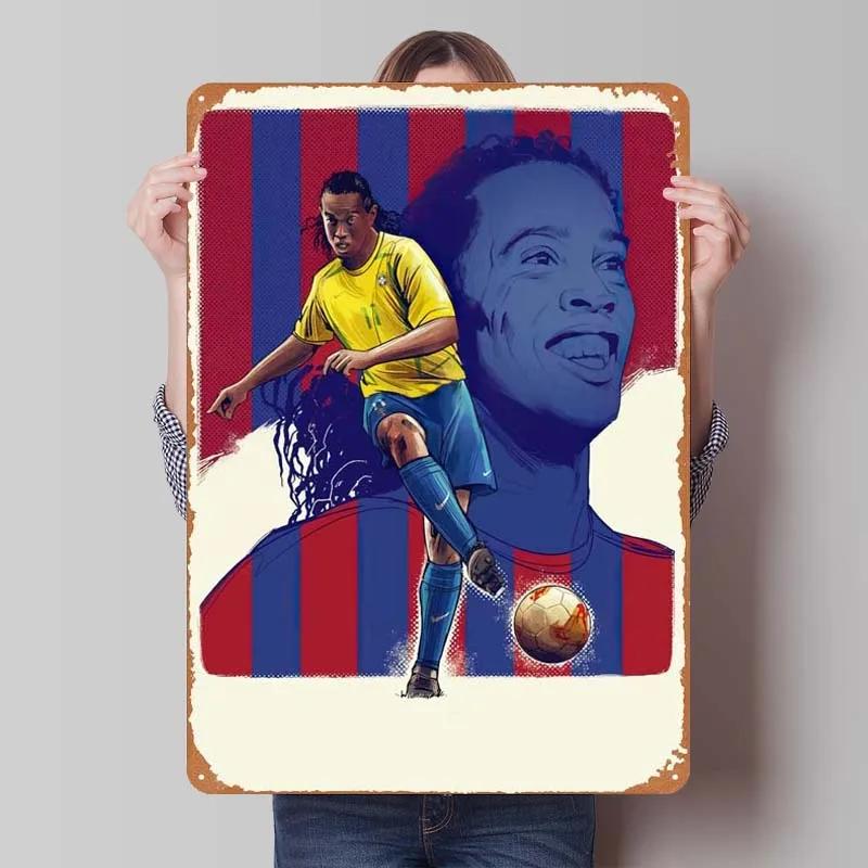 Ronaldinho Sign Sportposter Metallväggkonst av Muraler Vintage Metallplåtskylt Plakett för Väggkonstdekoration Mank Cave Retro Hem