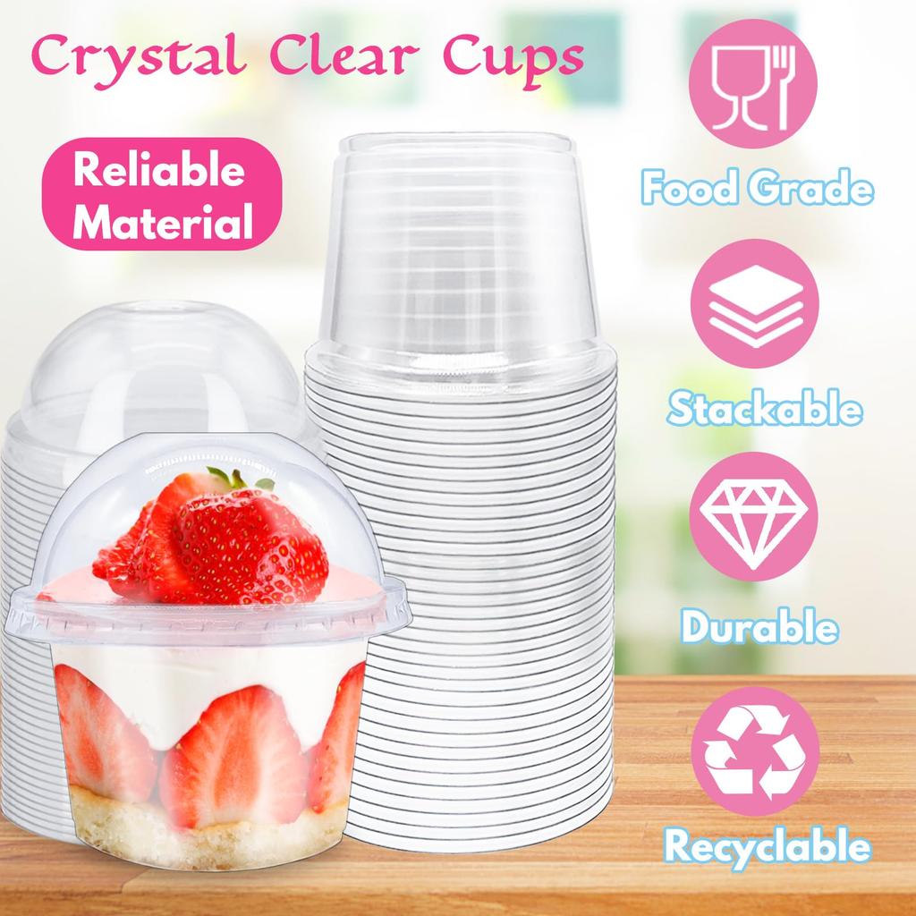 50pcs Plastic Cups with Dome Lids,Crystal Clear Cups,Disposable Dessert Cups for Ice Cream,Fruit,Parfait,Pudding,Yogurt,Jelly