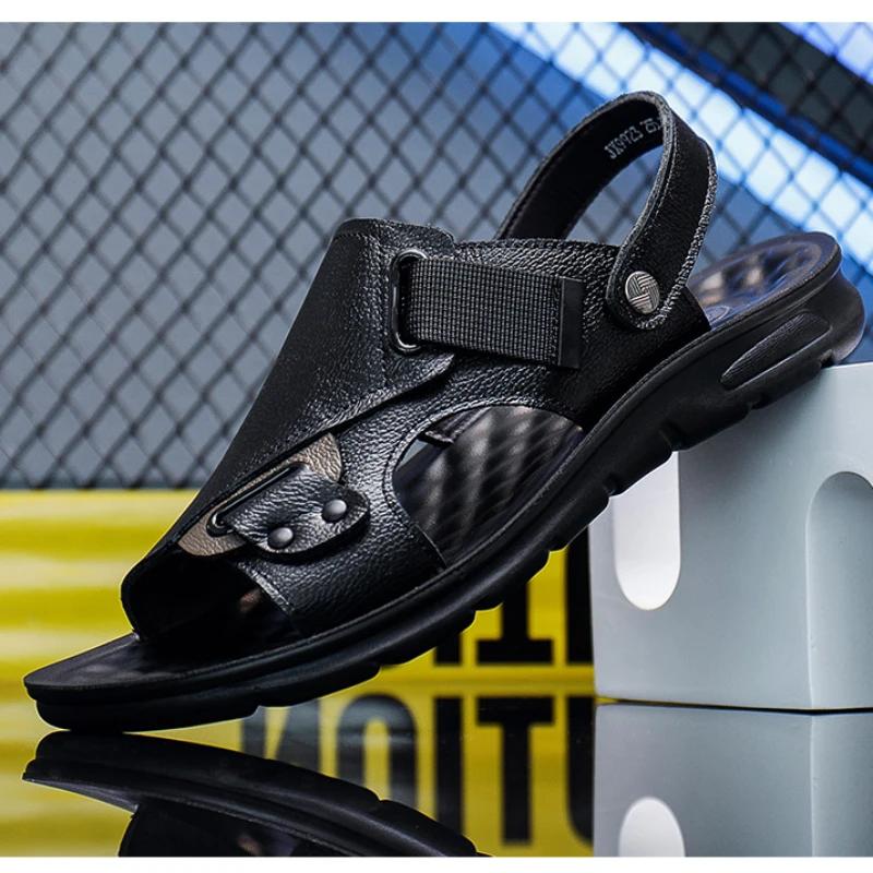 Fashion Men's  Dual-purpose Leather Men's Summer Fashionable Beach Shoes with Soft Soles and One-piece Sandals for External Wear