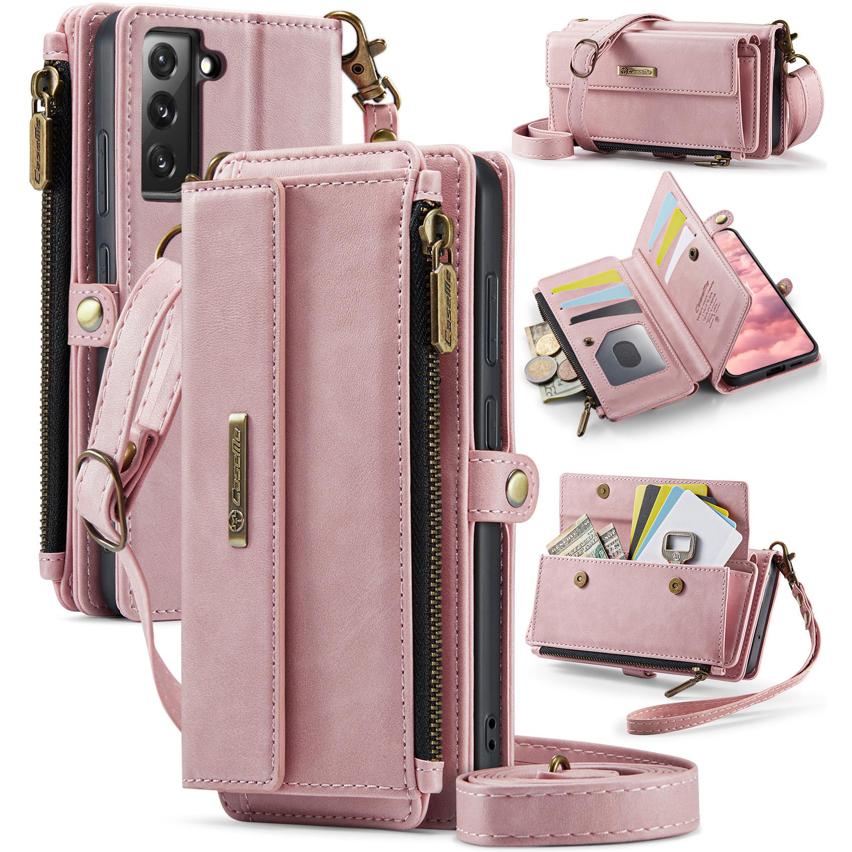 

For Samsung Galaxy S22 5G Case CASEME C39 RFID Blocking Zipper Wallet Stand Leather Cover with Strap Pink