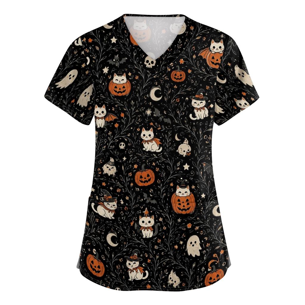 Women's V Neck Halloween Print Short Sleeve Medical Scrub Top with Pocket Side Slit Design Suitable for Healthcare Professionals