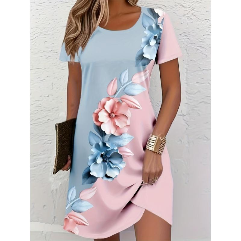 Women'S Dress, Fashionable Round Neck, Contrasting Color, Three-Dimensional Floral Print, Short-Sleeved Mini Dress