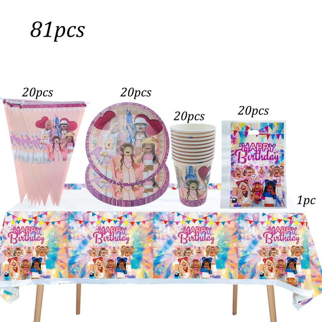 Pink Robloxed Theme Birthday Party Decorations Tableware Set Balloons Cups Plates Banner Backdrop Girls Baby Shower Supplies for Round Sensory 3