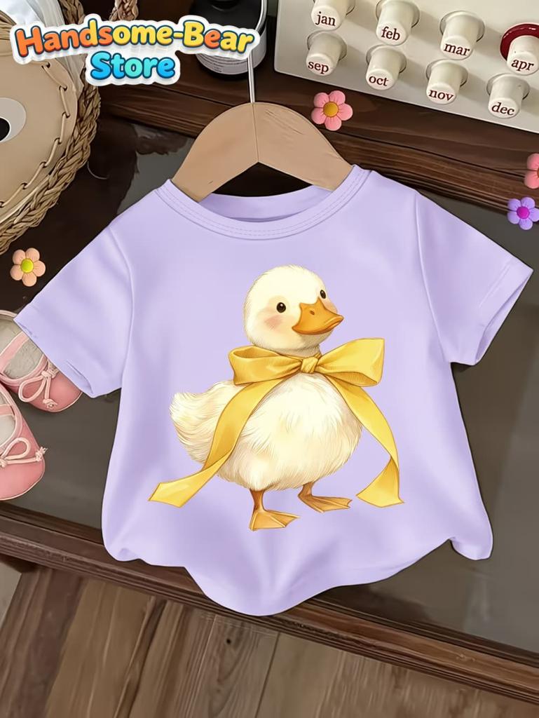 Cute Bow Duck Print Short-Sleeved T-Shirt for Girls Soft Round Neck Top Fashion Loose Summer Gift for Girls Casual Girl Clothes
