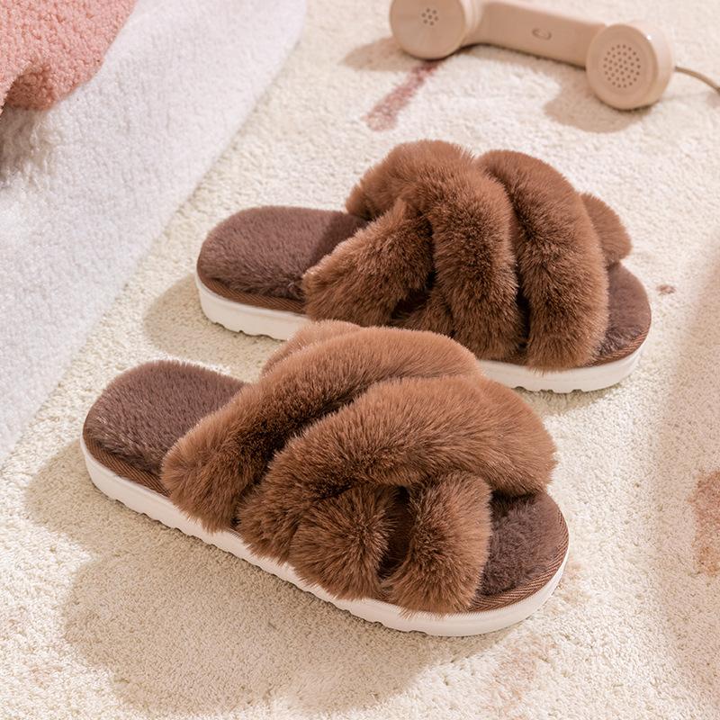 Women Fluffy Slippers Winter Warm Plush Slipper Cross Straps Fur Slipper Winter Warm Home Slippers for Women Flat Cotton Slides