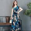 Summer Women Dress Floral Print A-line Big Hem High Waist Short Sleeves Round Neck Pleated Mid-calf Length Formal Party Commute Midi Dress