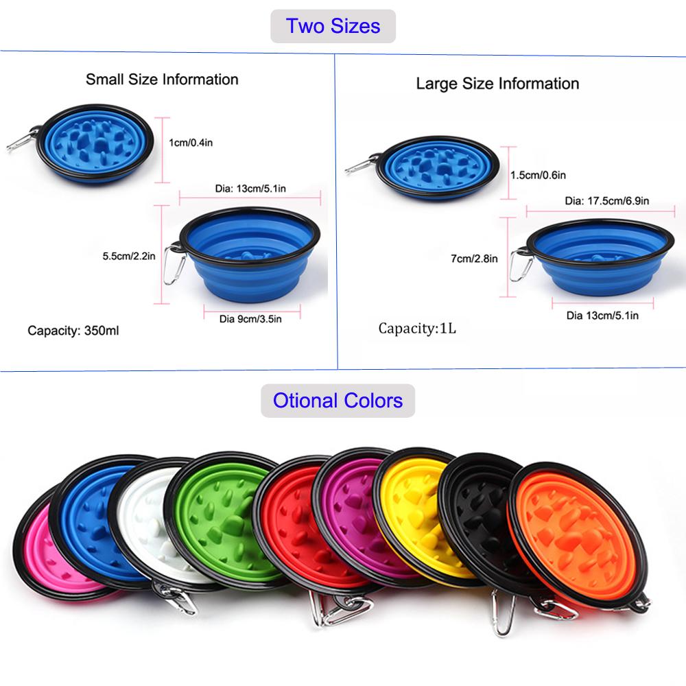 Portable Pet Cat Dog Bowl Silicone Collapsible Slow Feeding Bowl with Hook Foldable Puppy Doggy Water Feeder Cup Solid Color Container