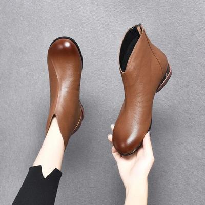 Retro Brown Ankle Boots Elegant Women's Daily Leisure Autumn Winter Warm Booties Mom Back Zip Leather Fur Botas