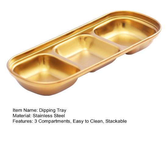 Stainless Steel Dipping Tray with 3 Compartments Easy to Clean Stackable Sauce Bowl Organizer Rack Tableware