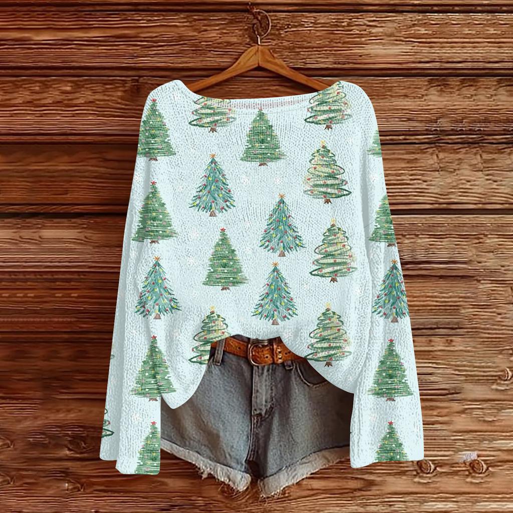 Women's Fashionable Oversized Knitwear Long-Sleeved Christmas Print Top