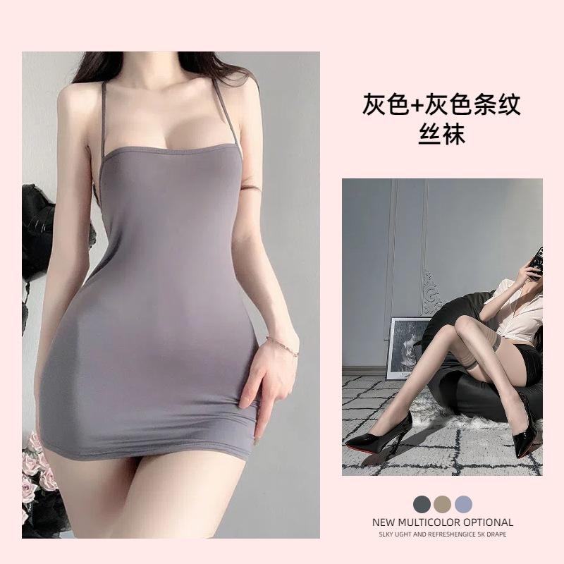 Sex underwear ice silk sexy pure desire suspender short skirt pajamas dress temptation hip wrap gather big chest secretary outfit