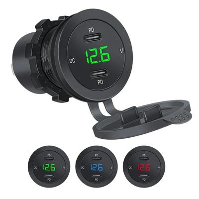 20W Dual PD Outlet Ports Type C Car Charger Socket 12V with LED Voltmeter for Car RV Boat Marine Truck Motorcycle