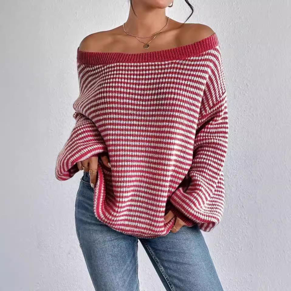 One-word neck knitted sweater versatile loose contrasting color striped lantern sleeve lazy wind sweater women's Europe and America