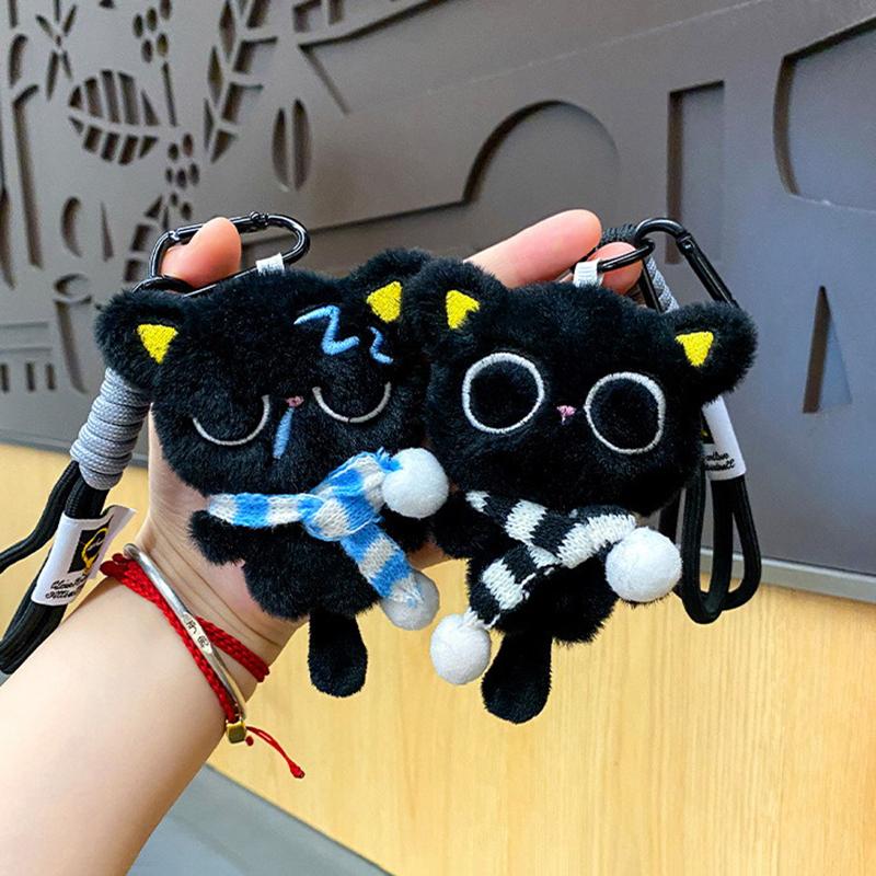 Brand Sleepy Black Cat Plush Keychain Black Cat Bag Pendant Striped Scarf Stuffed Doll Bag Pendant Soft Car Keychain Gift