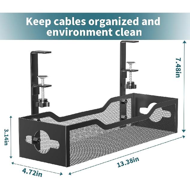 Under Desk Cable Management Tray No Drill, Metal Mesh Cable Management Under Desk with Clamp Mount, 2 Hole Cable Tray with Wire Management and Cord