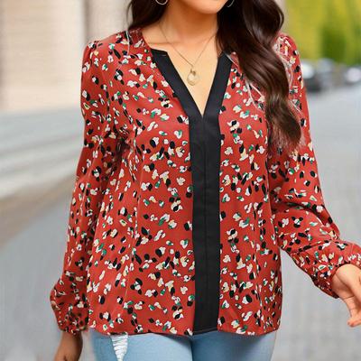 Spring and Autumn Women's Printed Temperament Elegant Long Sleeve Top Red Blouse Shirt