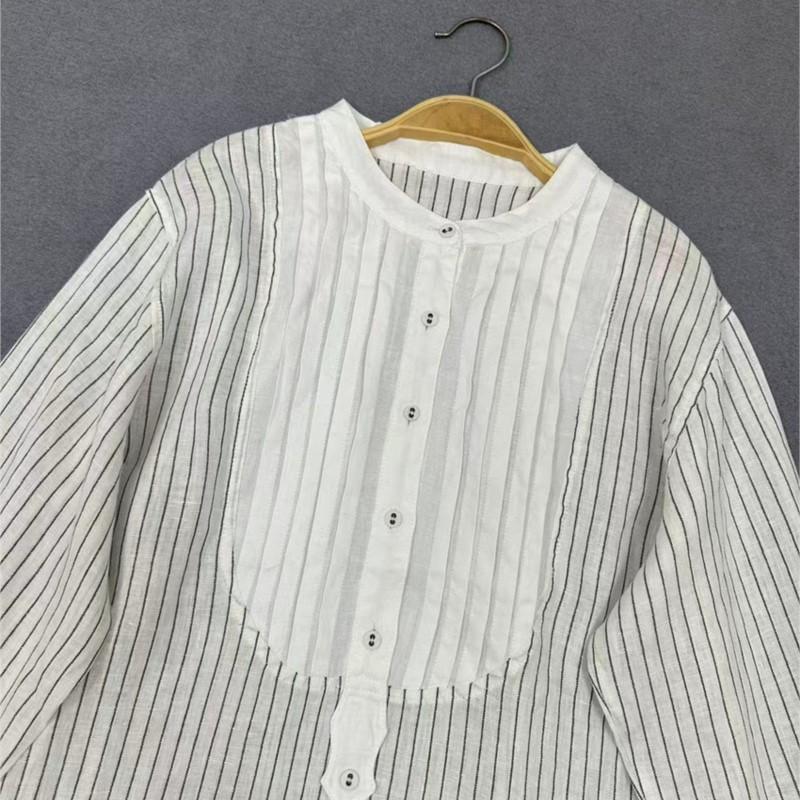 Johnature Autumn Products Stand-up Collar Retro Striped Splicing Loose Women Shirt Long Sleeve Casual Blouses