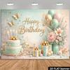 Tissu de fond d'anniversaire pour gâteau à deux étages plan 2D avec un dégradé de base vert menthe et texte en feuille d'or: """Joyeux Anniversaire"""