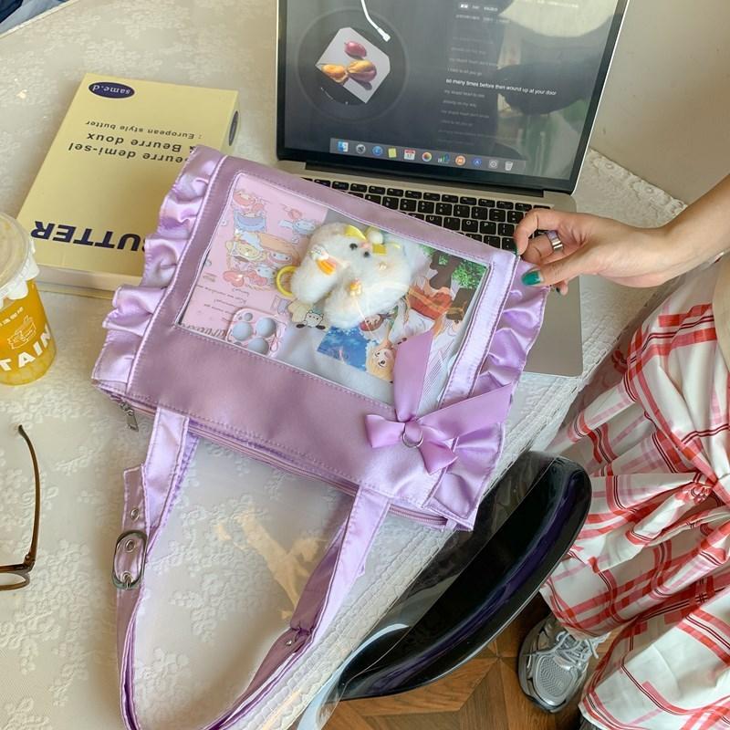 Pattern Lace Design Tote Bag With Transparent Compartment For Daily Use Girls