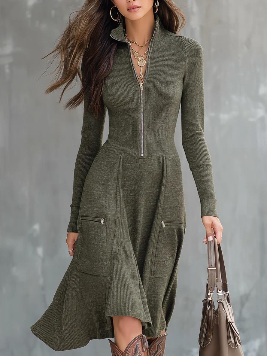 

2025 European & American Women s Long Sleeve Solid Color Maxi Dress with Zipper Pocket & Cinched Waist Large армия зеленый