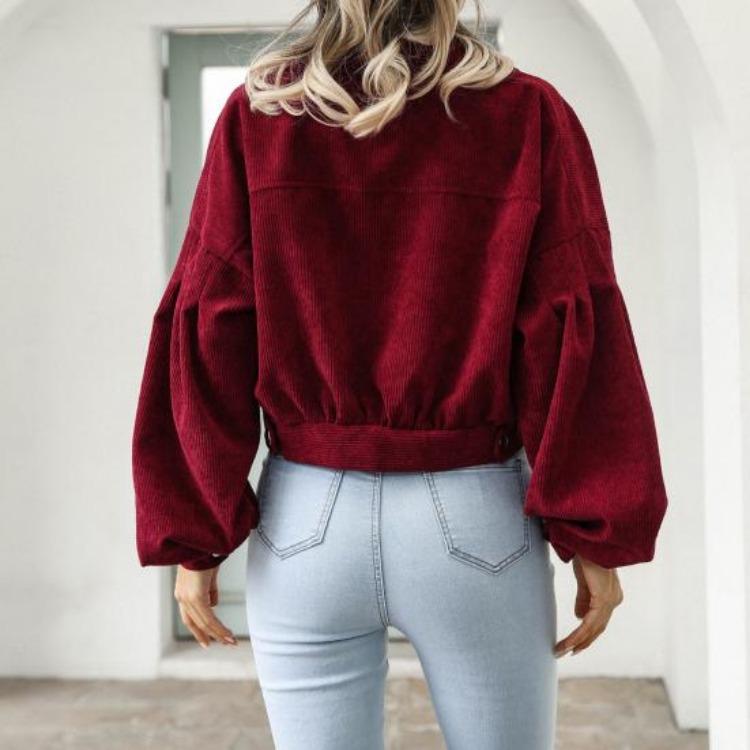 Giacca Corta in Velluto a Coste Vintage Autunnale da Donna Cappotto Monocolore Revers Manica a Lanterna Monopetto Capospalla