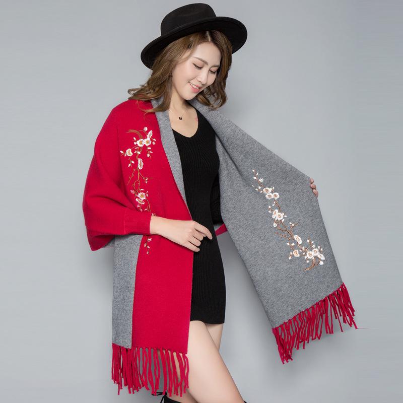 Korean Style Embroidered Shawl Cape: Versatile Knit Scarf for All Seasons