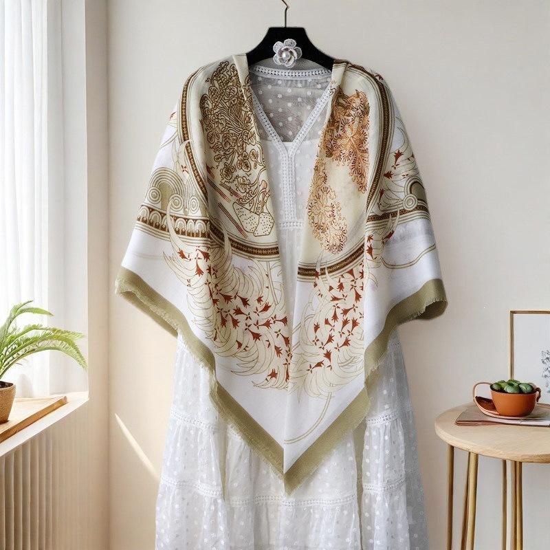 oversized beige flower travel sunscreen sunshade cotton and linen scarf women's silk scarf 111cm large square scarf shawl dual-purpose