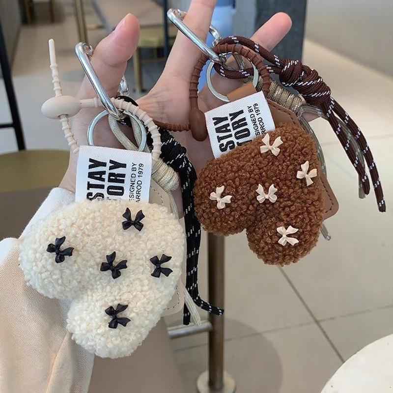Lambswool Heart Pendant with Fluffy Bow Lanyard Keychain Bag Charm