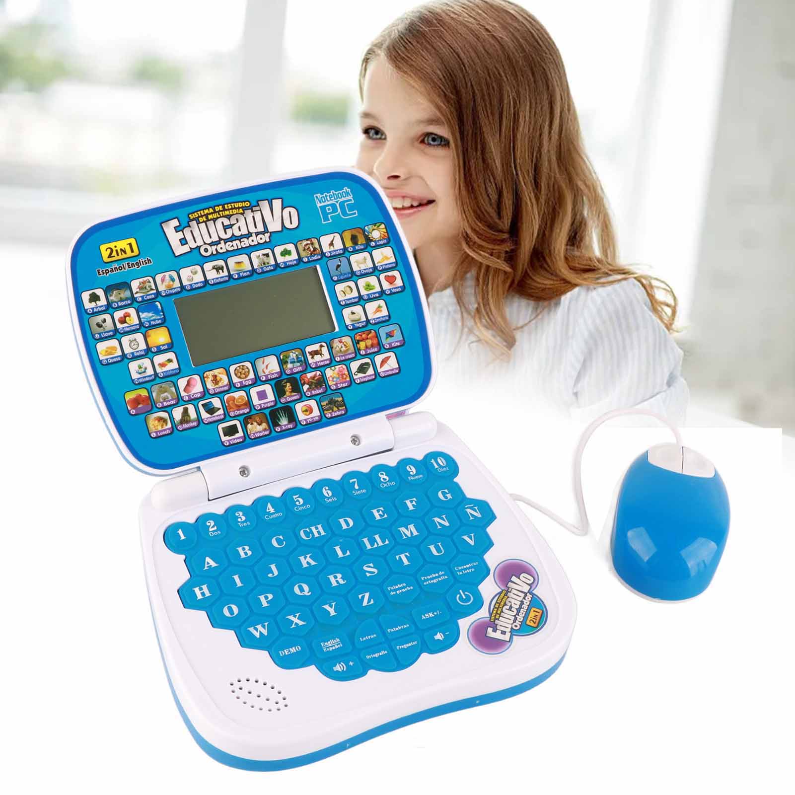 

Детская обучающая машина Английский Испанский Музыкальная функция Интерактивный образовательный ноутбук для детей Розовый синий