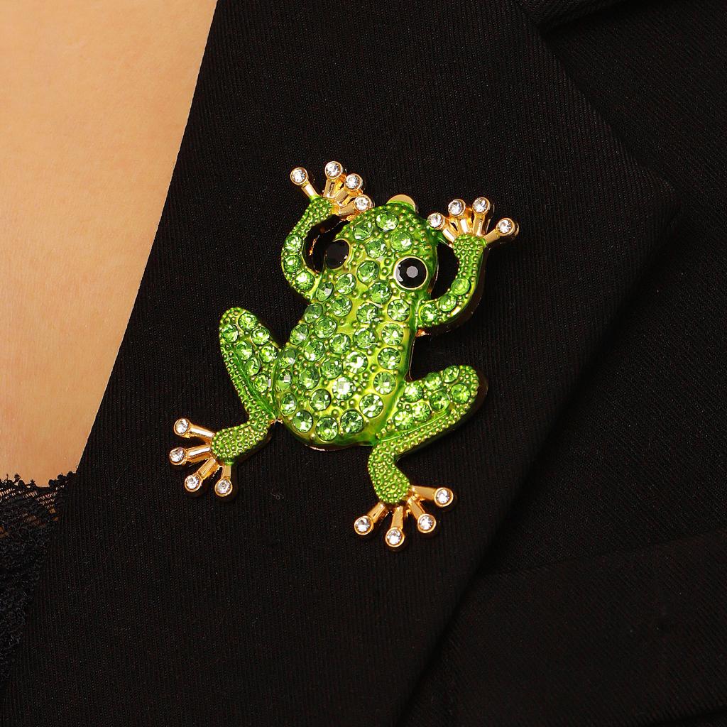 Gold Tone Green Crystal Frog Stud Earrings, Sparkly Animal Statement Earrings for Women