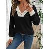Women's Autumn Winter V-Neck Color Block Top, Oversized Drop Shoulder Long Sleeve Casual Loose Fit Sporty Streetwear Shirt