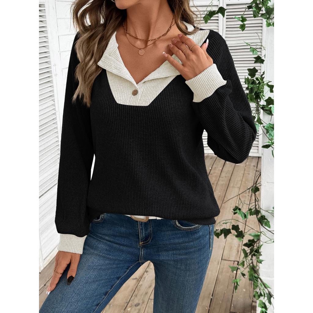 Women's Autumn Winter V-Neck Color Block Top, Oversized Drop Shoulder Long Sleeve Casual Loose Fit Sporty Streetwear Shirt