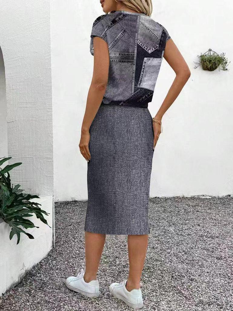 European & American Women's Casual Printed Short Sleeve Two-Piece Skirt Set