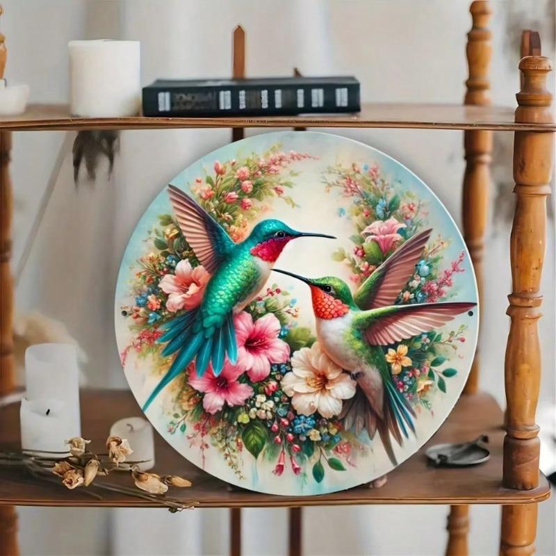 Vintage Hummingbird Floral Metal Wall Art Round Sign Home Office Decor